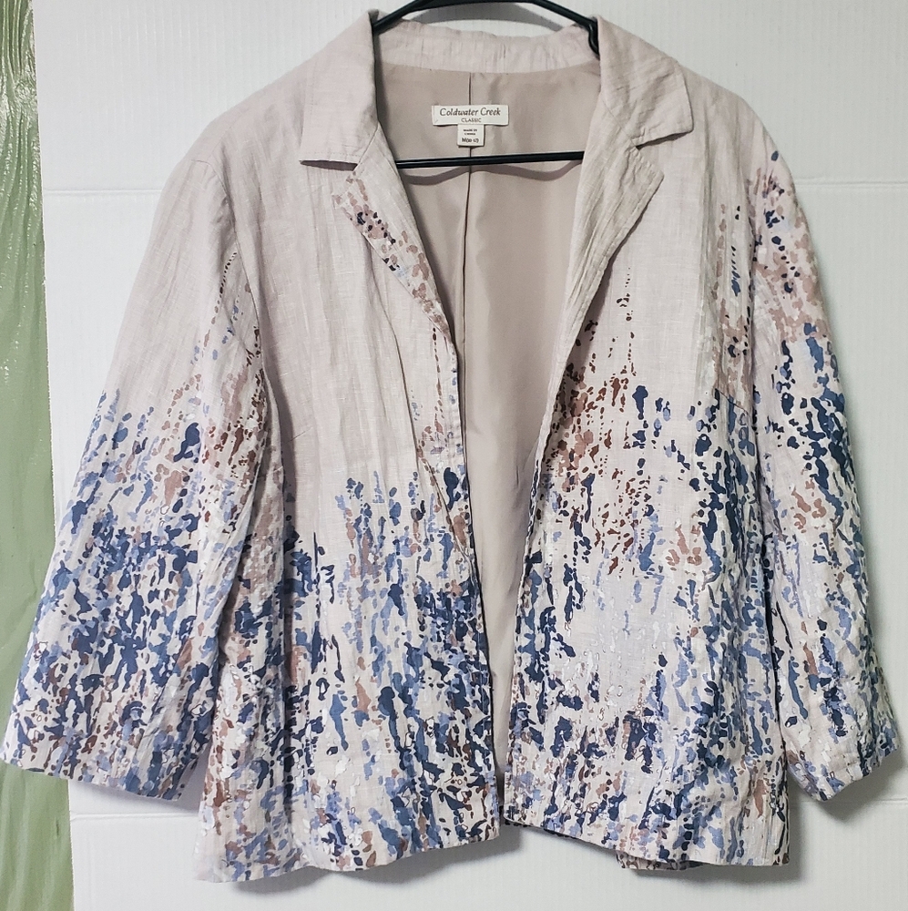 COLDWATER CREEK Linen Jacket Size Medium 10-12 Blue Beige Womens Open Front